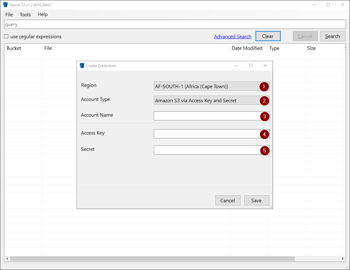 image of the searchs3.exe applications create credentials screen.