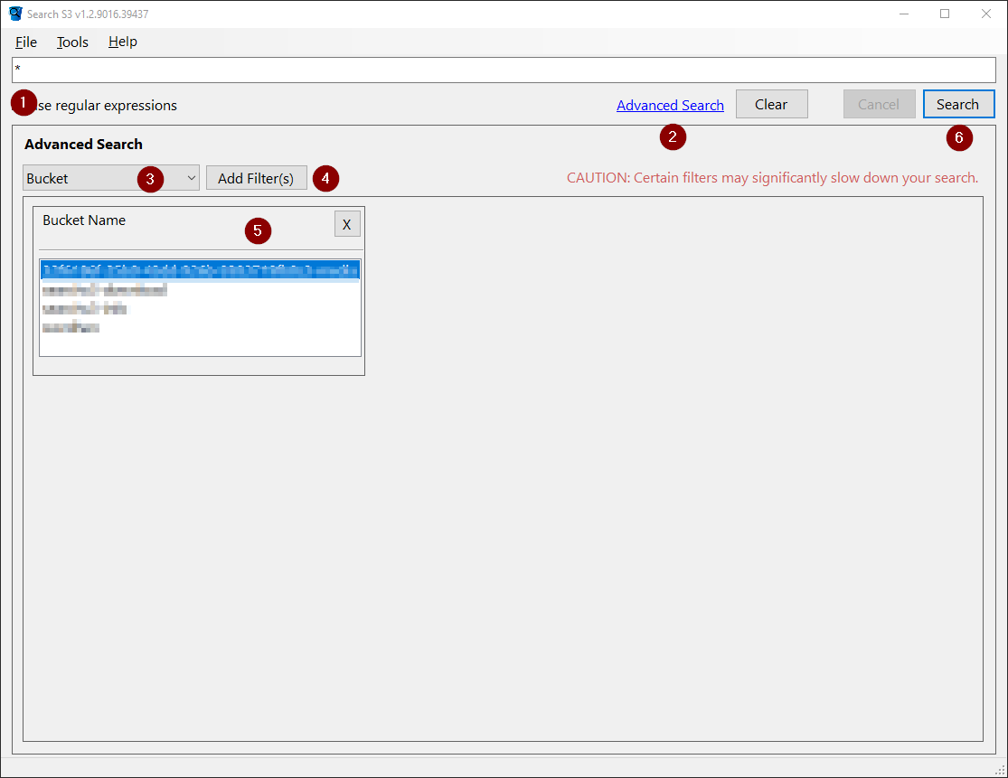 image of the SearchS3.exe application showing how to search s3 by bucket-name.