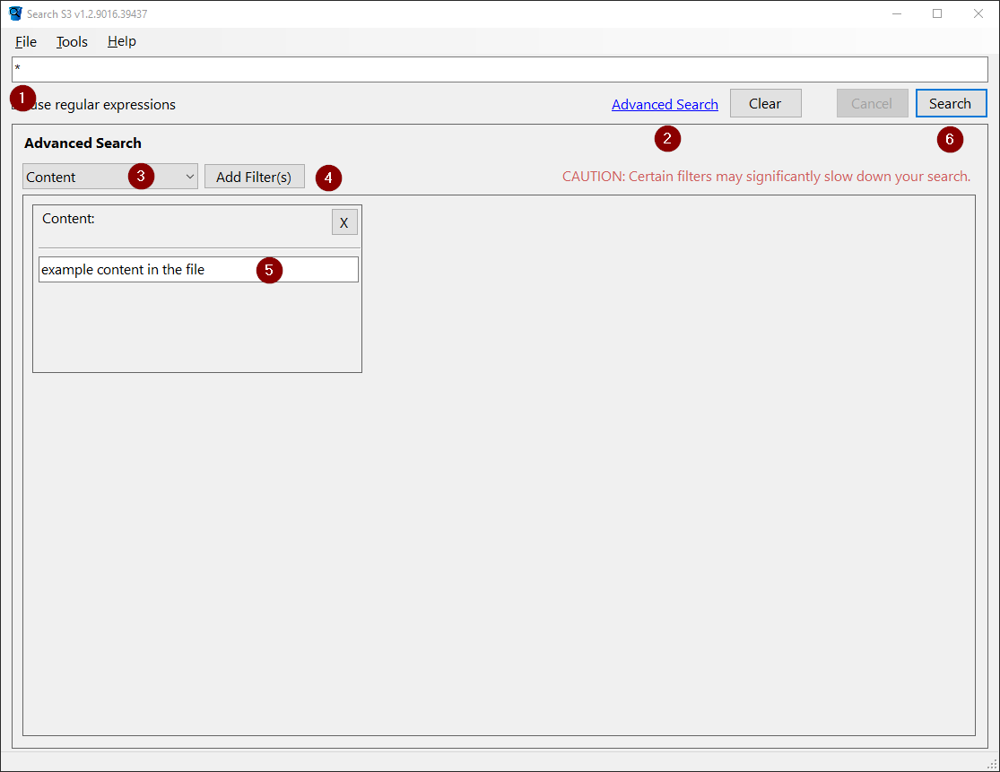 image of the SearchS3.exe application showing how to search s3 by content.