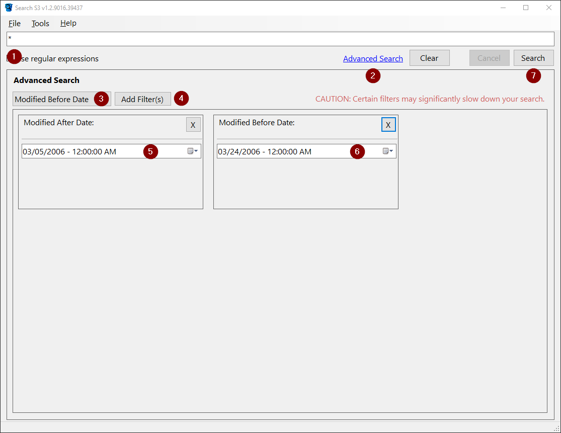 image of the SearchS3.exe application showing how to search s3 by date and time.