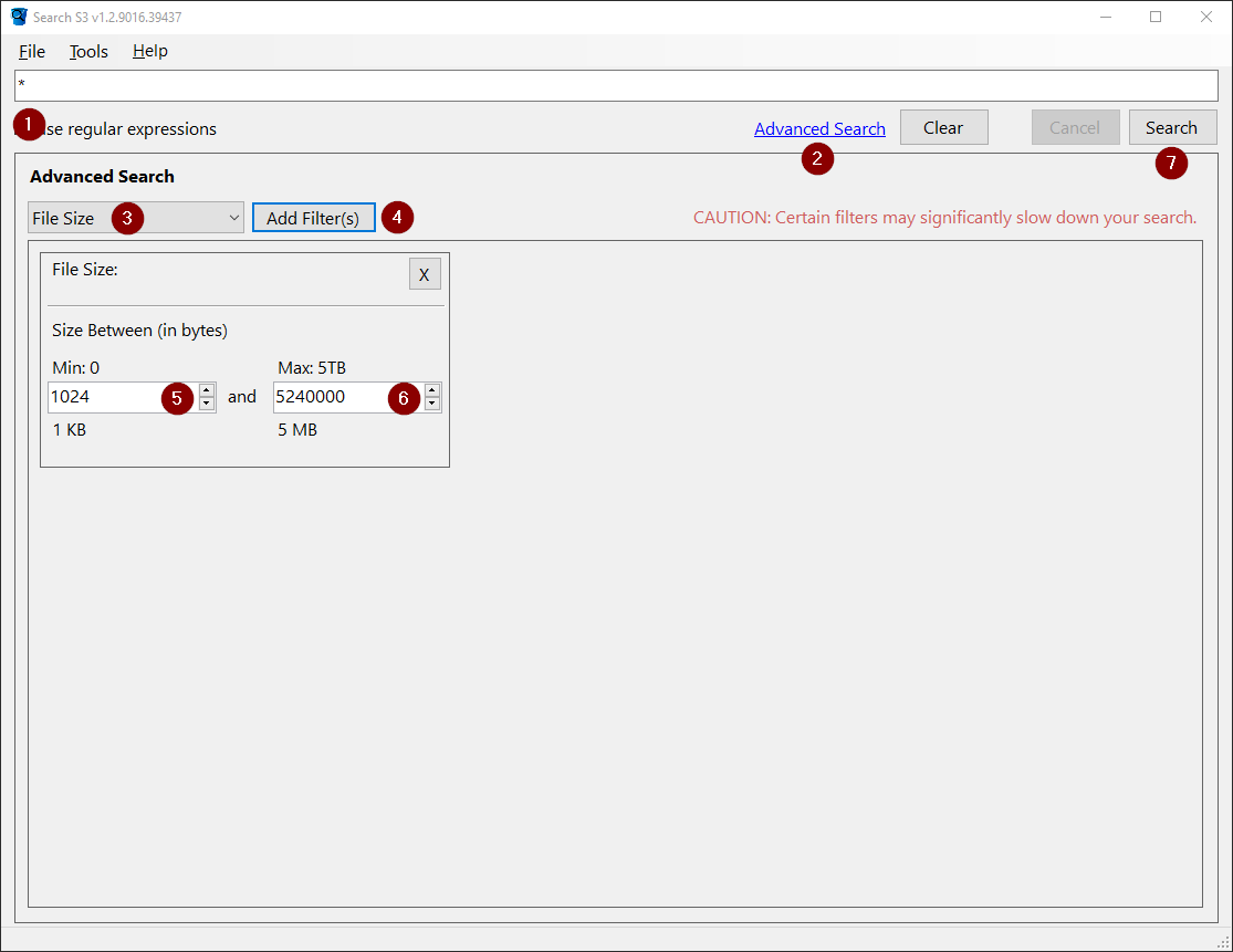 image of the SearchS3.exe application showing how to search s3 by file-size.