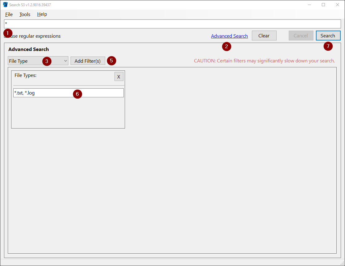 image of the SearchS3.exe application showing how to search s3 by filetype.