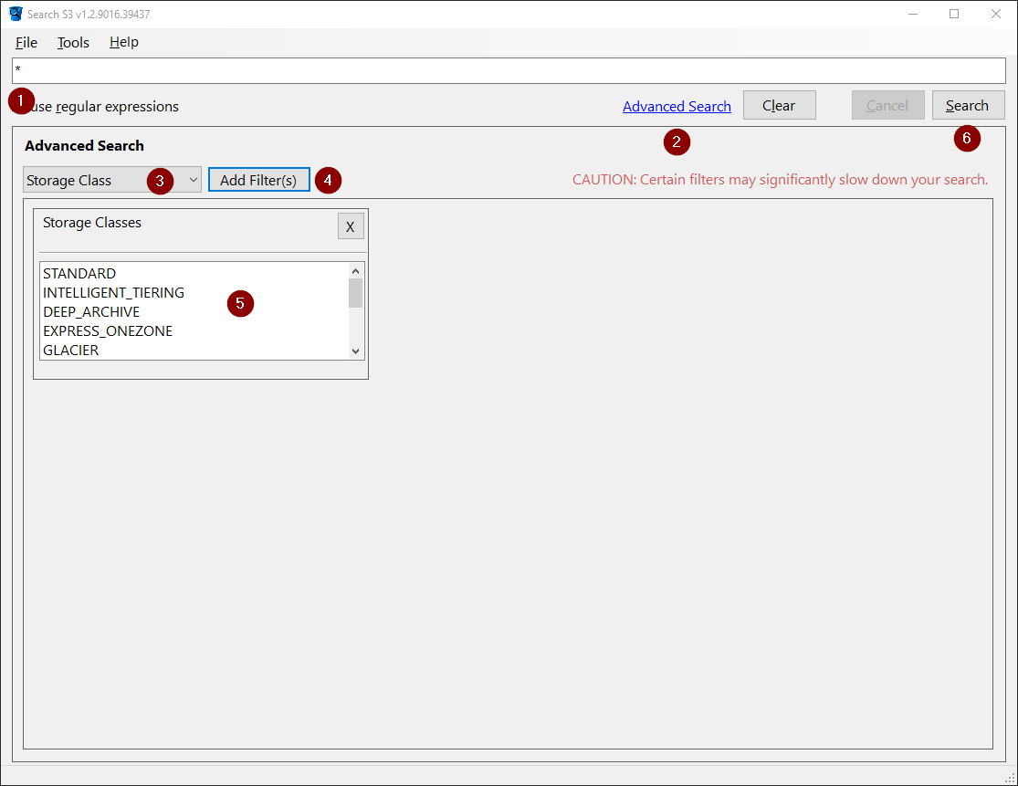 image of the SearchS3.exe application showing how to search s3 by storage class.