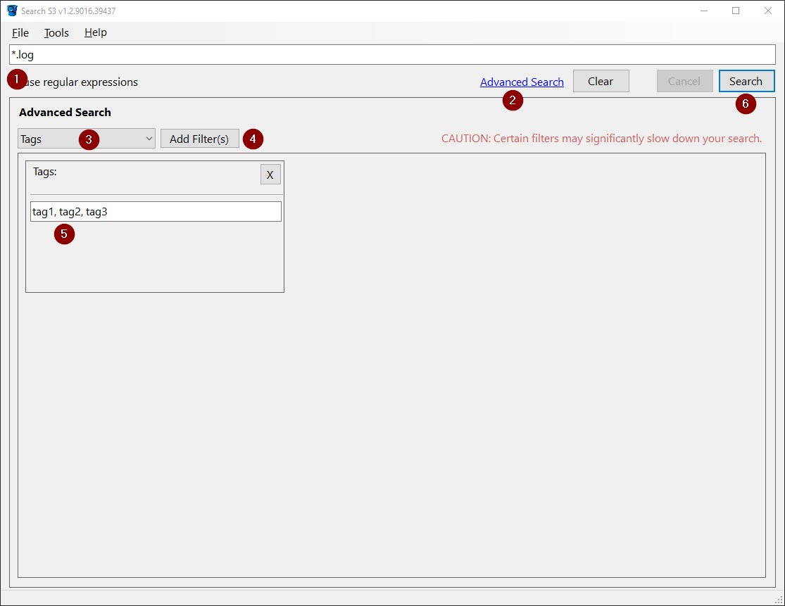 image of the SearchS3.exe application showing how to search s3 by tag.