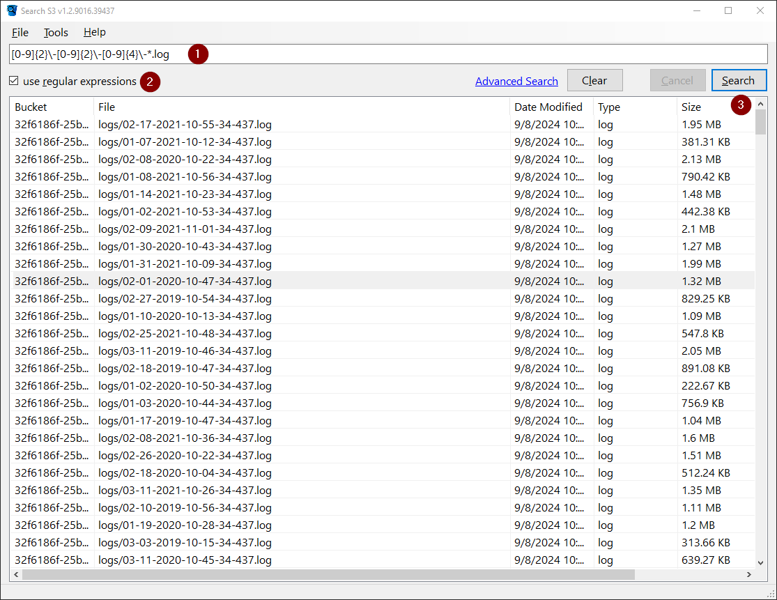 image of the SearchS3.exe application showing how to search s3 by wildcard or regular-expression.